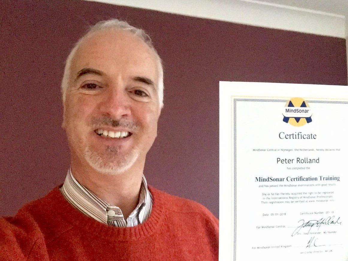ReThinkPeter's tweet photo. At last my MindSonar practitioner certificate has arrived in the post today. This will be a great asset in my team development and coaching work. Excited to get going with #MindSonar now. https://t.co/OQpBCJpmxd