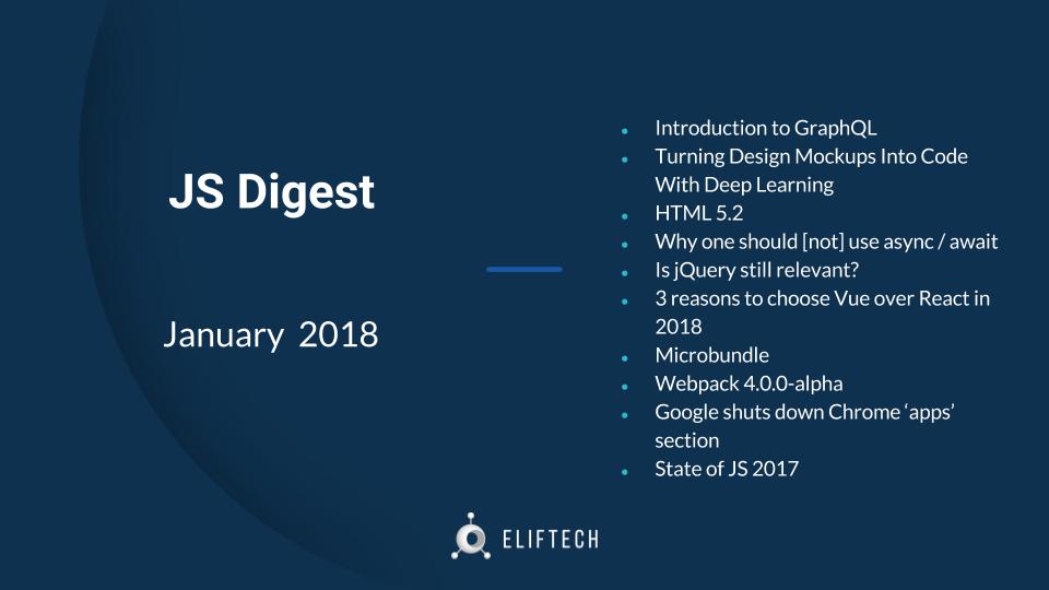 ElifTech's tweet photo. Check out the latest #JavaScript libraries updates, news, and releases in #JS Digest, January 2018 edition: https://t.co/nAi5cxu9rX

#eliftech #VueJS  #DeepLearning #GraphQL #HTML5 #jQuery #microbundle #reactjs #React #Webpack https://t.co/Aa9r6Rrr0T