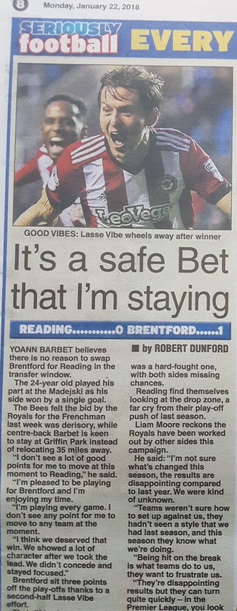 RPPgarylea's tweet photo. 2 of my @ProSportsImages in the The Daily Star and The Sun papers today. #brentfordFC Lasse winning goal at Reading. https://t.co/eDta44fciR