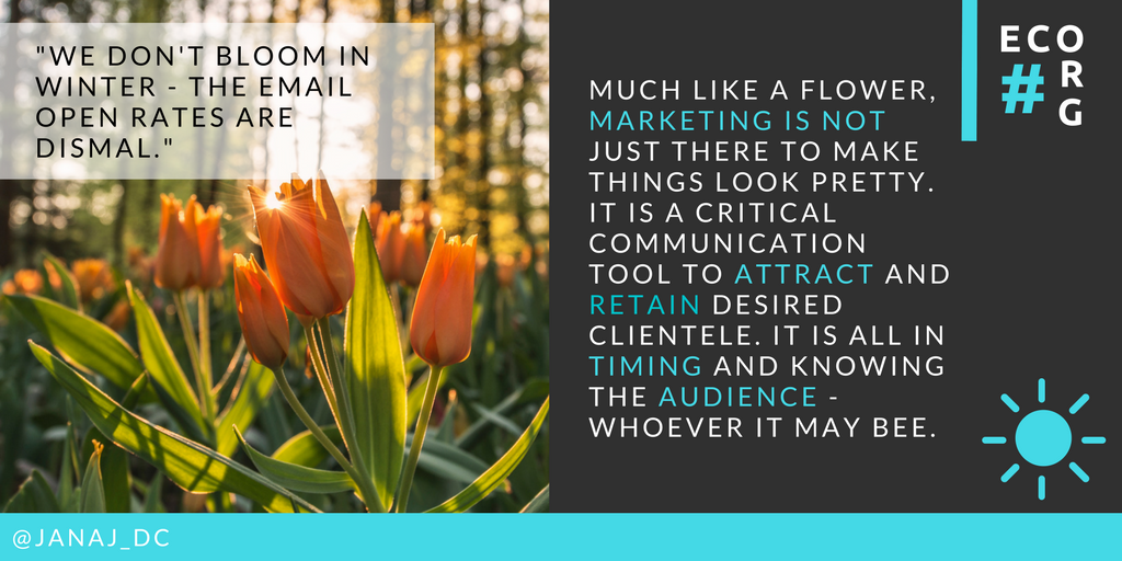 JanaJ_DC's tweet photo. Much like a flower, marketing is not just there to make things look pretty. It is a critical communication tool to attract and retain desired clientele. Just like a flower doesn't bloom in winter - it is all about timing & knowing the audience, whoever it may bee ;) #ecorg https://t.co/vpPe1scdgj