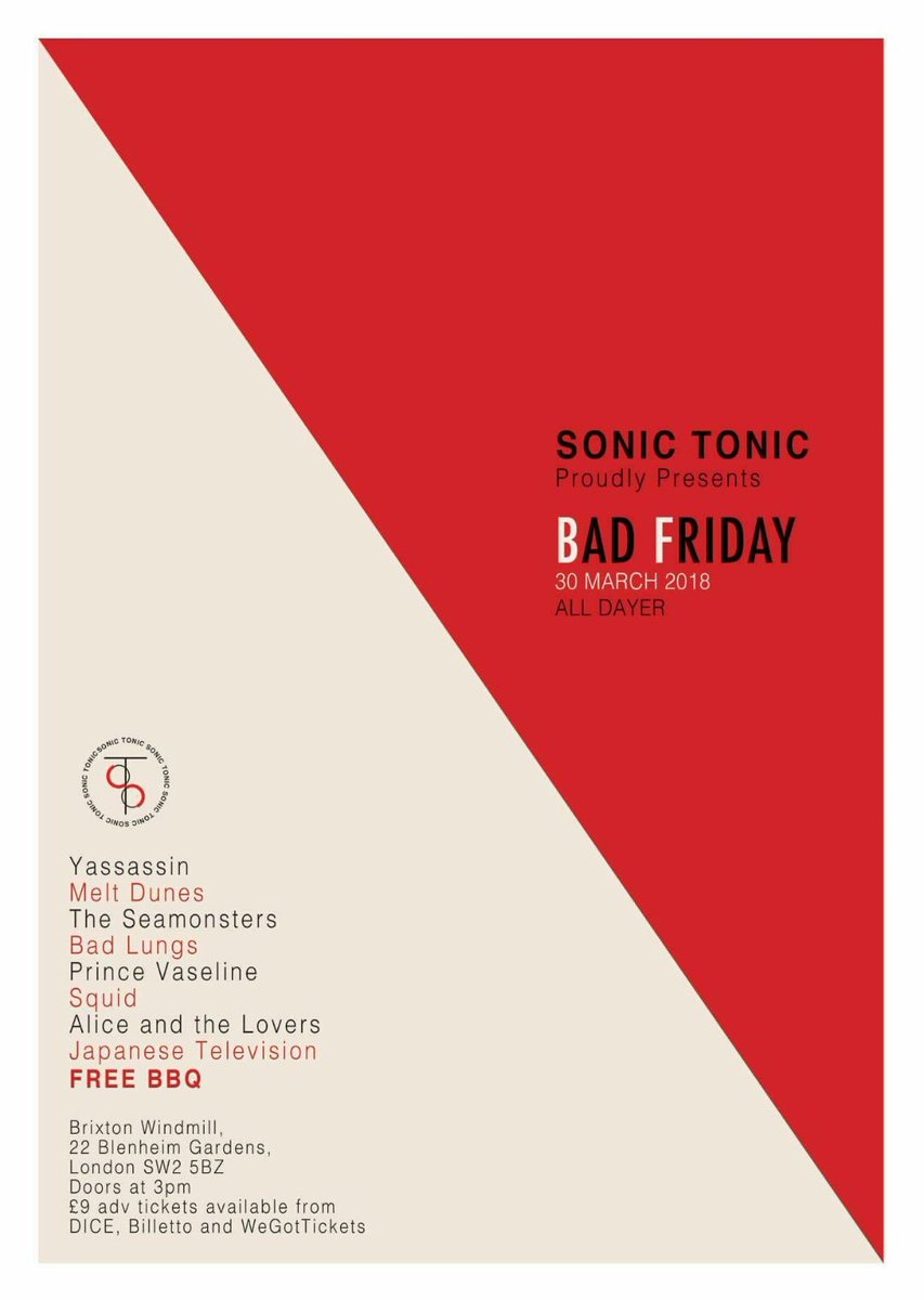 sonictonicpromo's tweet image. #BADFRIDAY bbq all-dayer announced! 

@yassassinmusic @MeltDunes @cmonstersmusic @BadLungsBand @princevaseline Squid, @alice_thelovers &amp;amp; Japanese Television. ✌

❤ @WindmillBrixton ❤