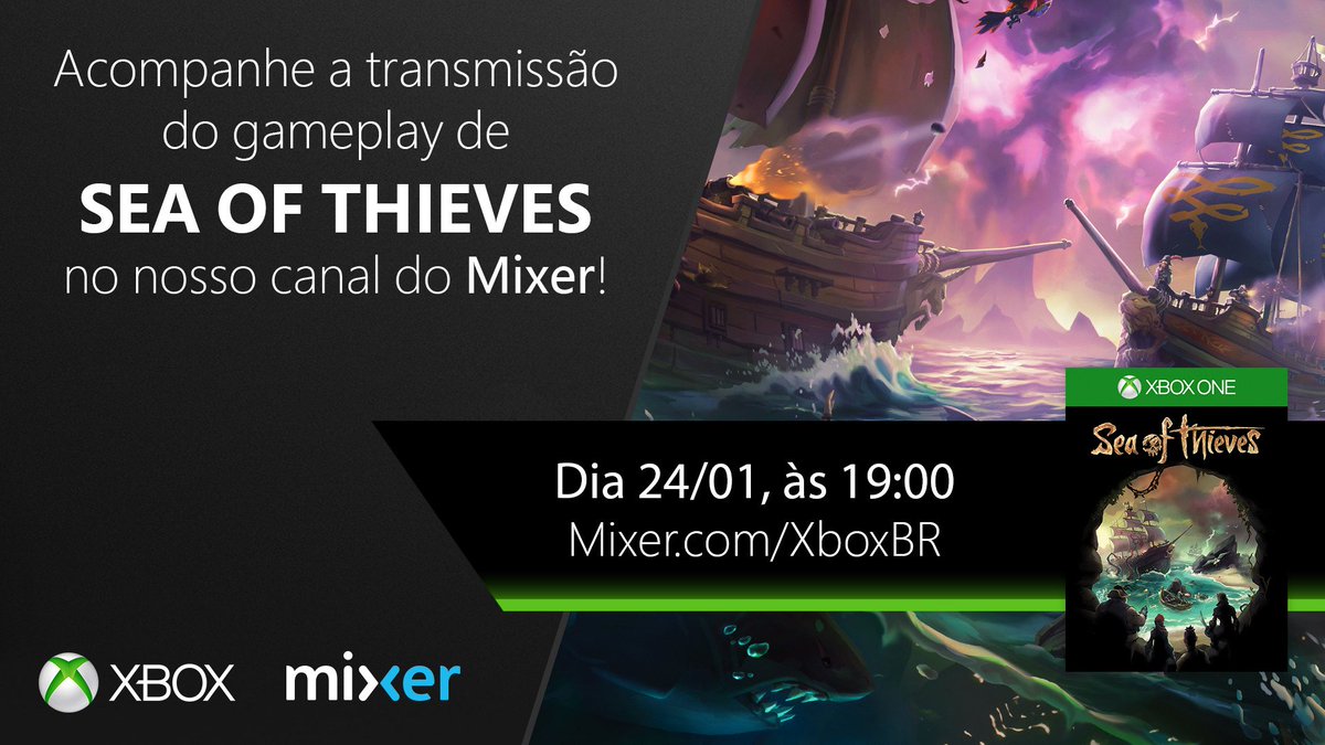 XboxBR's tweet photo. Prepare a pipoca, marujo. Teremos um gameplay com a equipe do #InsideXbox jogando o beta do exclusivo @SeaOfThieves. Dia 24/01, às 19h no nosso canal oficial no @WatchMixer. Não vai perder esse barco, vai? 😉 https://t.co/1UP3CzUveQ https://t.co/gfjDoyjMtA