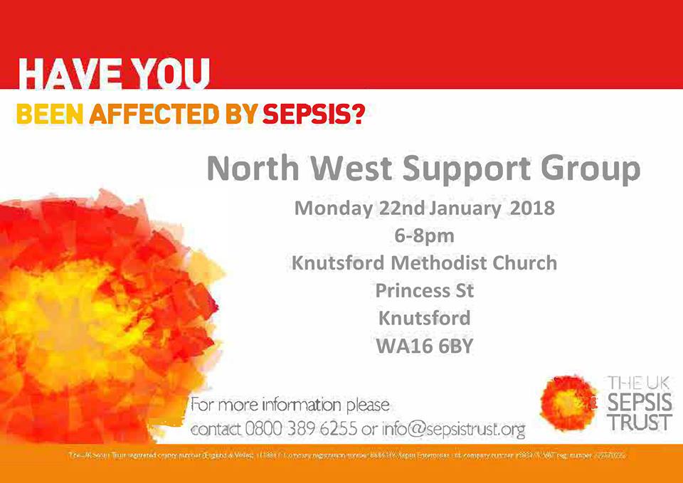 The UK Sepsis Trust (@uksepsistrust) on Twitter photo Our NW Support Group will be meeting in Knutsford at 6pm tonight. If you have been affected by sepsis we would love to meet you and hear your story. Our NW Support Group will be meeting in Knutsford at 6pm tonight. If you have been affected by sepsis we would love to meet you and hear your story.
