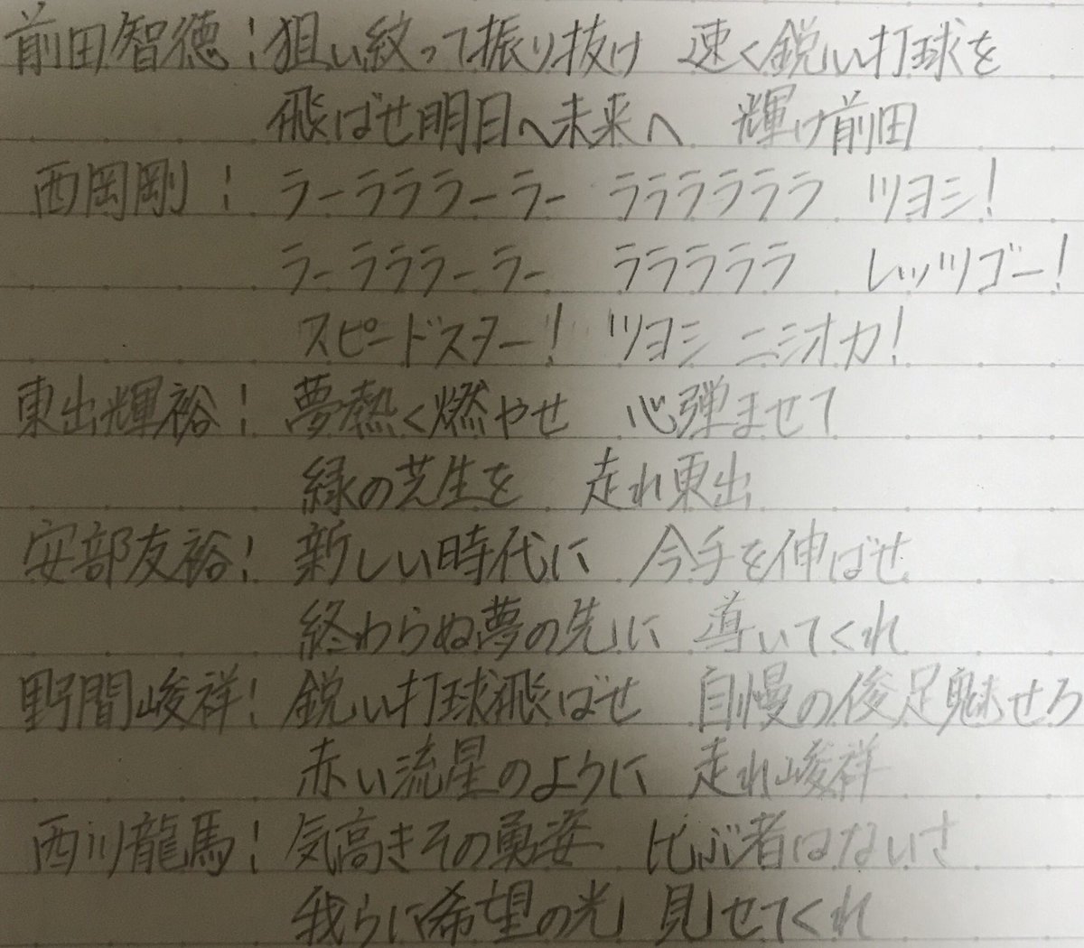 リプできた選手の応援歌を丁寧な字で書く Twitter Search