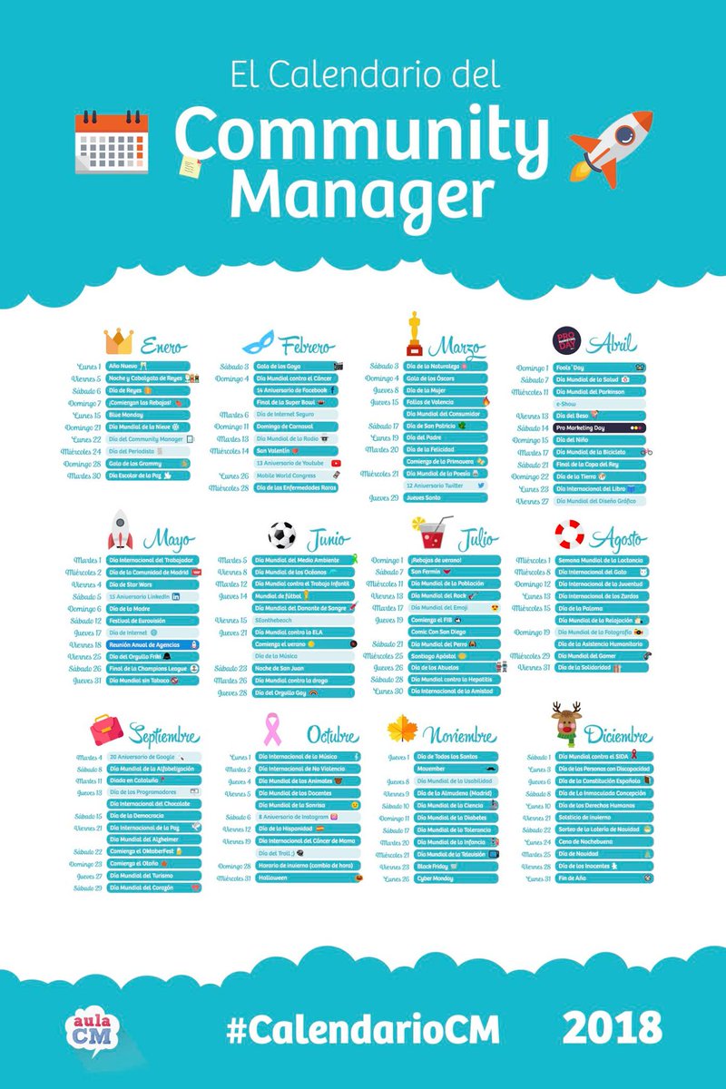 🚩 Hoy para celebrar el #DiaDelCommunityManager te traemos el Calendario del Community Manager de 2018. Incluye todos los eventos y fechas clave de este año, para que no te pierdas ninguno. #CalendarioCM
Puedes descargarlo en alta resolución en nuestra web aulacm.com/calendario-soc…