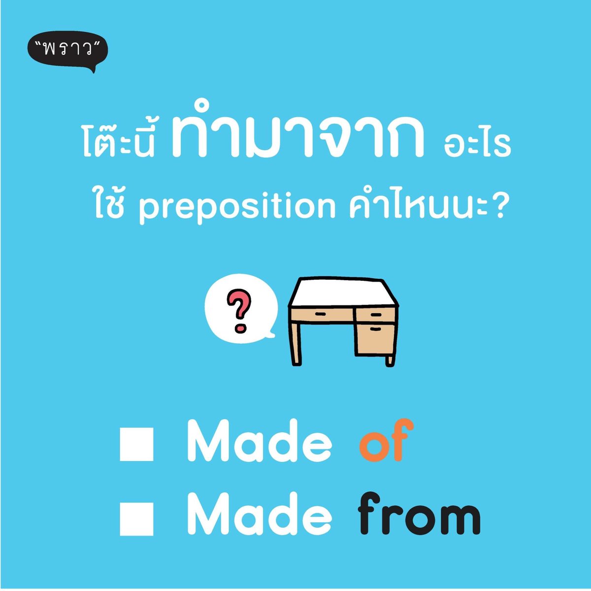 ProudBook's tweet photo. การใช้ made of กับ made from

made of (เมด ออฟว) ใช้กับสิ่งที่มองก็รู้ว่าทำมาจากอะไร เช่น

This table is made of wood.
โต๊ะตัวนี้ทำมาจากไม้

made from (เมด ฟรอม) กับสิ่งที่มองแล้วไม่รู้ว่าทำมาจากอะไร เพราะถูกแปรรูปไปแล้ว เช่น

Paper is made from wood.
กระดาษทำจากไม้ https://t.co/qDoojPvlZn