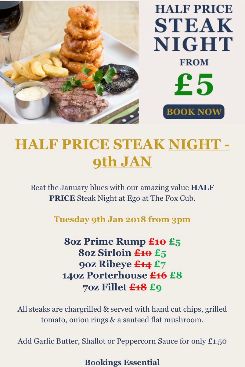 HALF PRICE STEAK NIGHT !!!!!!! Fillet only £9 !!!!!
✖️ Tomorrow!!!! - Tuesday 23rd ✖️
Hurry up!!! Last few tables left!!!
 Call 01253737758 to reserve your table!