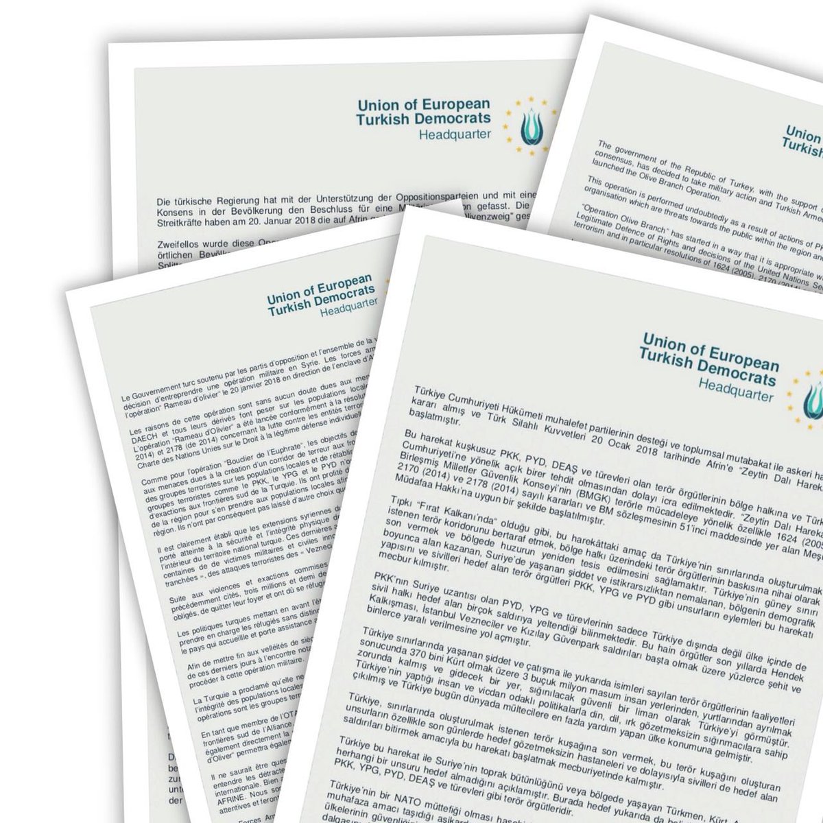 #ZeytinDaliHarekati’nın askeri operasyon haricinde bir de psikolojik boyutu var ki, Batılı ve komşu ülkelere gerekli bilgilendirme de dahil olmak üzere kamu diplomasisi çok başarılı bir şekilde yürütülüyor.

UETD'nin 10 dilde hazırladığı basın açıklaması oldu.