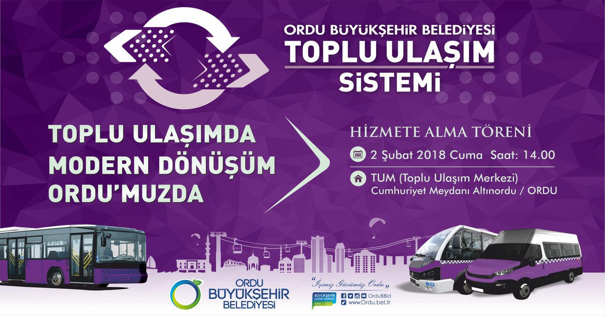 TOPLU ULAŞIMDA MODERN DÖNÜŞÜM ORDU'MUZDA 🚌 Toplu Ulaşım Sistemi Hizmete Alma Törenine Tüm Hemşehrilerimiz Davetlidir. 📍TUM (Toplu Ulaşım Merkezi) Cumhuriyet Meydanı Altınordu/ORDU 📆2 Şubat 2018 Cuma ⏰14.00