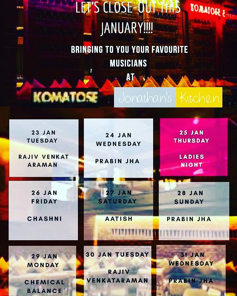 Komatose_hyd's tweet photo. The schedule for the last days of this month to give you days just like you want it!!
#komatose #jk #jonathanskitchen #food #drinks #musiccalendar #music #bar #bargrub #happytimes #happycustomers #plans #hyderabad #telangana #cocktails #live #liveband #livemusic https://t.co/jliAclUwhx