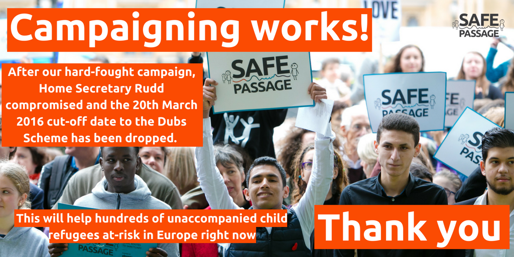 This wouldn't have happened without your support.

The <a href="/ukhomeoffice/">Home Office</a> officially brought forward the cut-off date for the Dubs Scheme so now hundreds more lone child can be brought to safety. we've all campaigned for this since the Dubs Scheme was introduced. This will save lives.