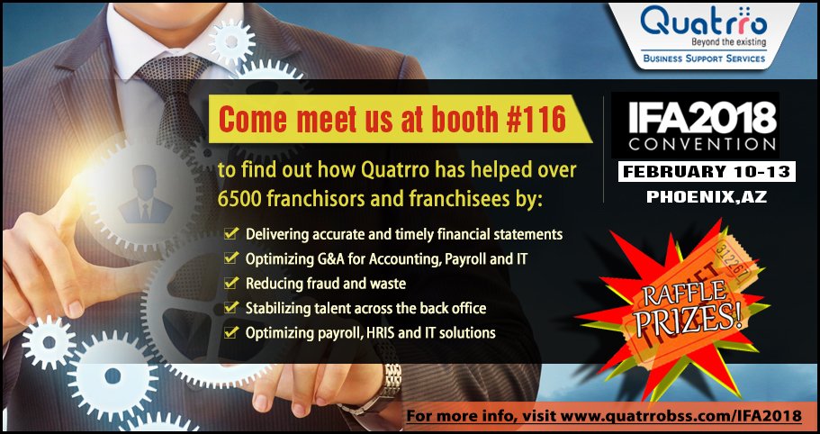 Quatrro's tweet photo. Register/ Connect Now from the below link for a free entry into our raffle drawing at the IFA conference.

https://t.co/CYxYuTqwhW

Come meet us at booth #116 to find out more about how Quatrro has helped over 6,500 #franchisors &amp; #franchisees to reduce their #operating cost. https://t.co/mmj8qI6BDo
