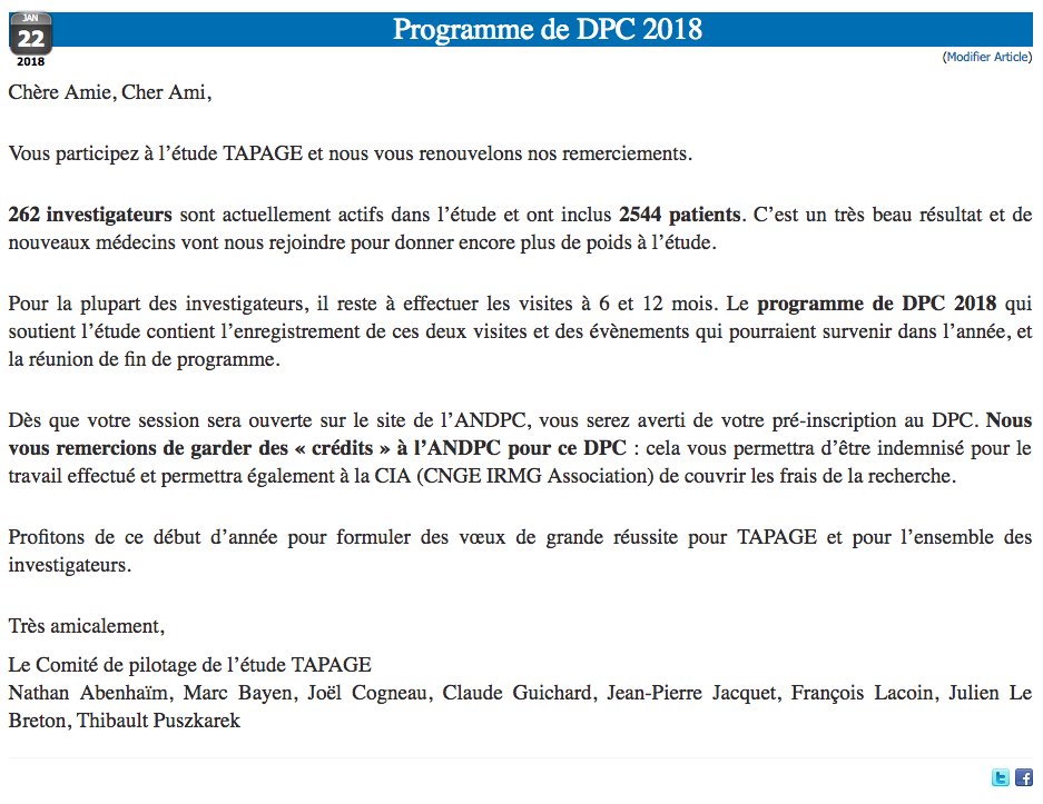 CngeIrmg's tweet photo. 262 investigateurs actifs, 2544 patients inclus et un nouveau programme de DPC 2018 pour l’étude TAPAGE ! Plus d’informations sur notre site internet : https://t.co/MLPOGQlkRn https://t.co/CAOmMsYcr3