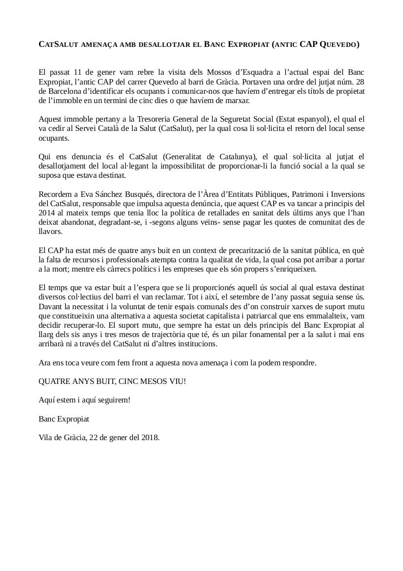 Banc_Expropiat's tweet photo. 📣 ATENCIÓ!

👮 CatSalut amenaça amb desallotjar el Banc Expropiat 👮 https://t.co/lPnqMzLo5B