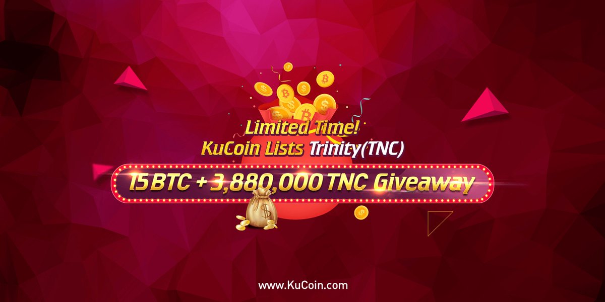 Trinity (TNC) 5BTC Giveaway
Follow KuCoin official Twitter and retweet this competition tweet, then fill in the form, you will get a random BTC rewards, we will giveaway totally 5 BTC.
Details: kucoin.com/#/ranks/TNC
Form: kucoinform.mikecrm.com/r92lzPj
#BTC #KuCoin #Giveaway