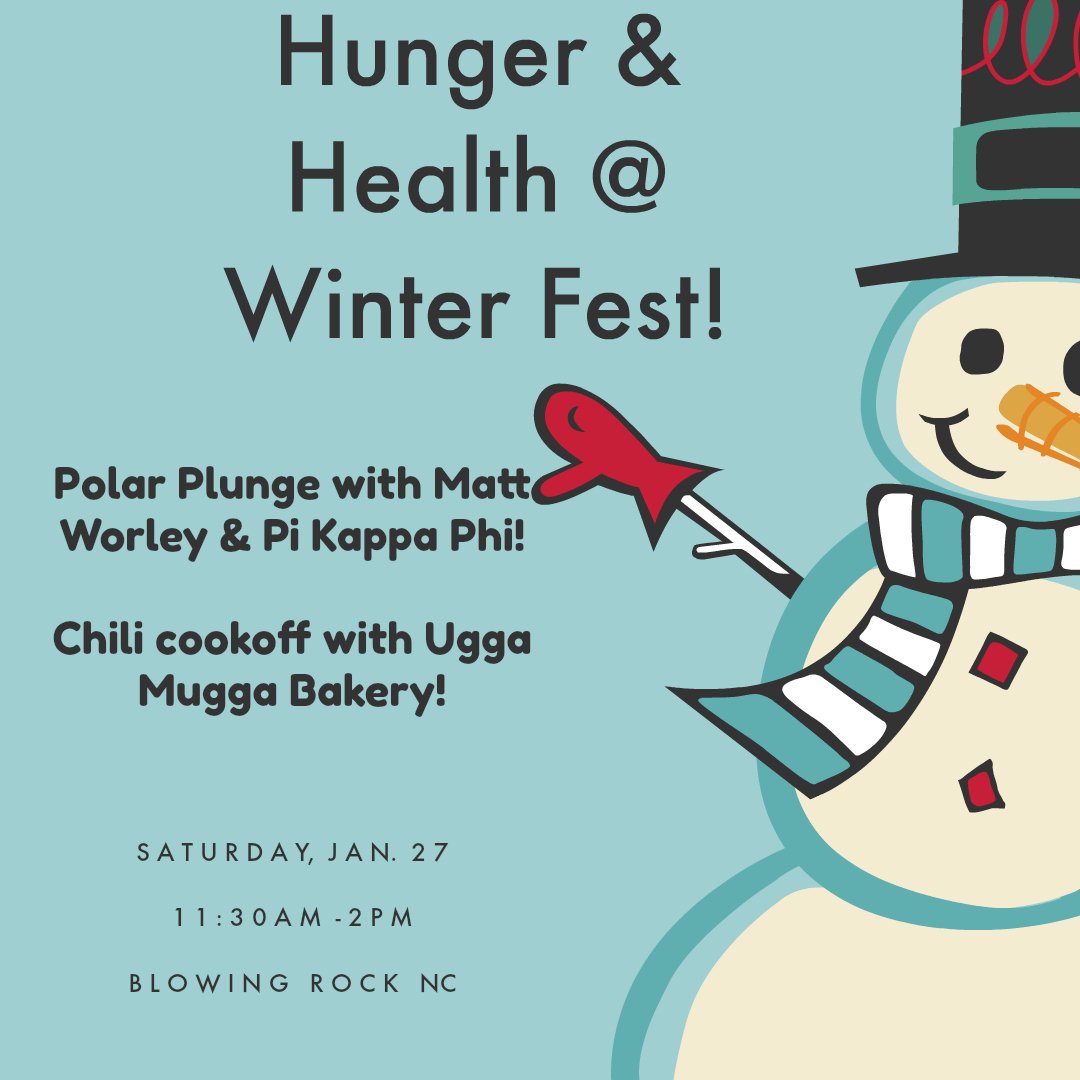 CoHunger's tweet image. The Hunger and Health Coalition is headed to Winter Fest '18!

We'll be at the Blowing Rock Winter Festival from 11:30am to 2pm on Saturday January 27th.

We'll be the the Polar Plunge and the Chili Cook-off!
