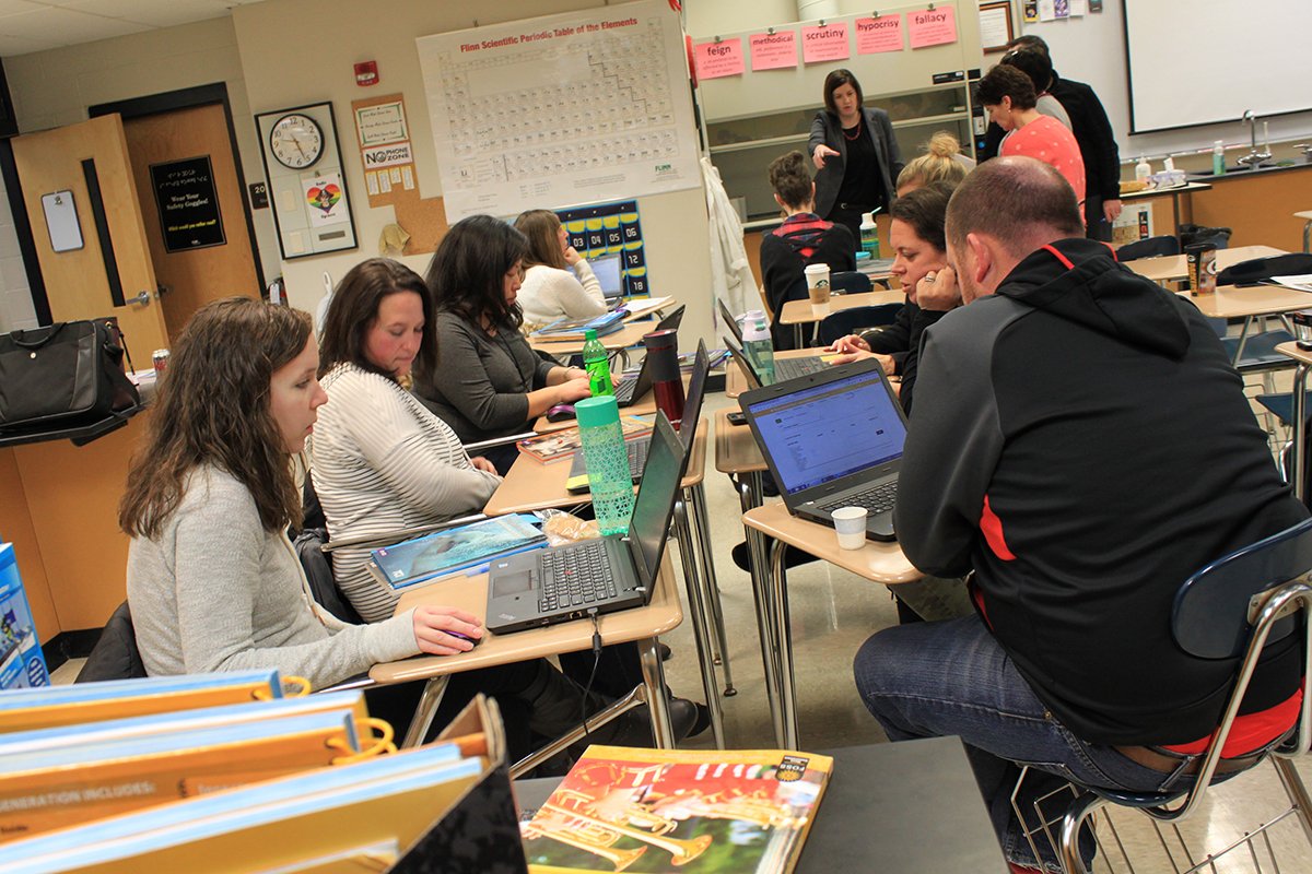 PewaukeeES's tweet photo. We're closed for student learning today @PewaukeeSD but very much open for prof development at every building on campus. Our extraordinary teachers and administrators are hard at work honing and expanding their craft to ensure our district opens the door to each child's future. https://t.co/R4ZjtsZX4Q