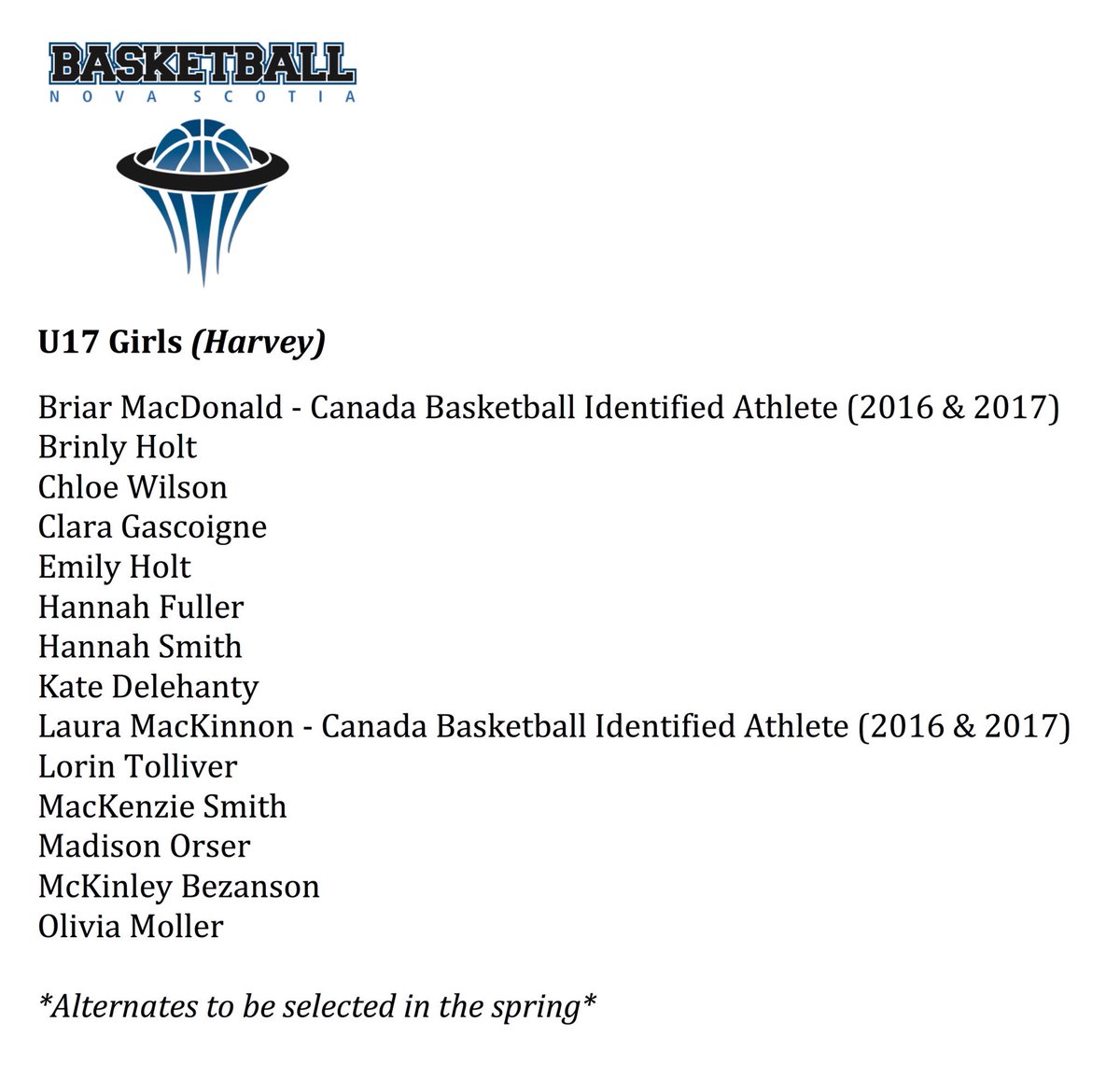 BasketballNS's tweet photo. Congratulations to all those who made BNS U17 Girls Team Harvey! #ProvincialTeam 🏀🔵⚫️⚪️ https://t.co/uOiqYbWEI9