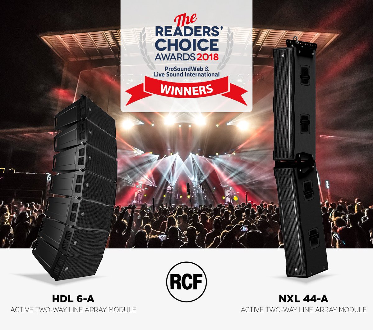 rcf_audio's tweet photo. RCF is pleased to announce that HDL 6-A active line array and the NXL 44-A active two-way line-source array won the Readers' Choice Award. Thank you all for the support! #RCFaudio  #proaudio #speaker #loudspeaker #liveaudio #linearray https://t.co/iKQHX6RY8U