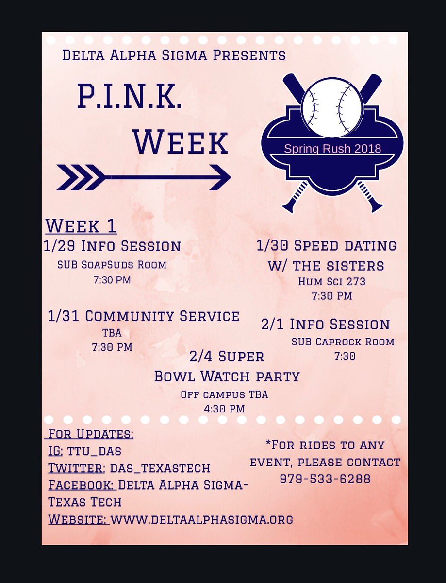 DAS_TexasTech's tweet photo. Interested in joining the ΔΑΣ lineup? Come meet our notable sisters at some of these events 👇🏽👇🏽👇🏽 #rushdas #springrush2018 https://t.co/lBCRHySvrj