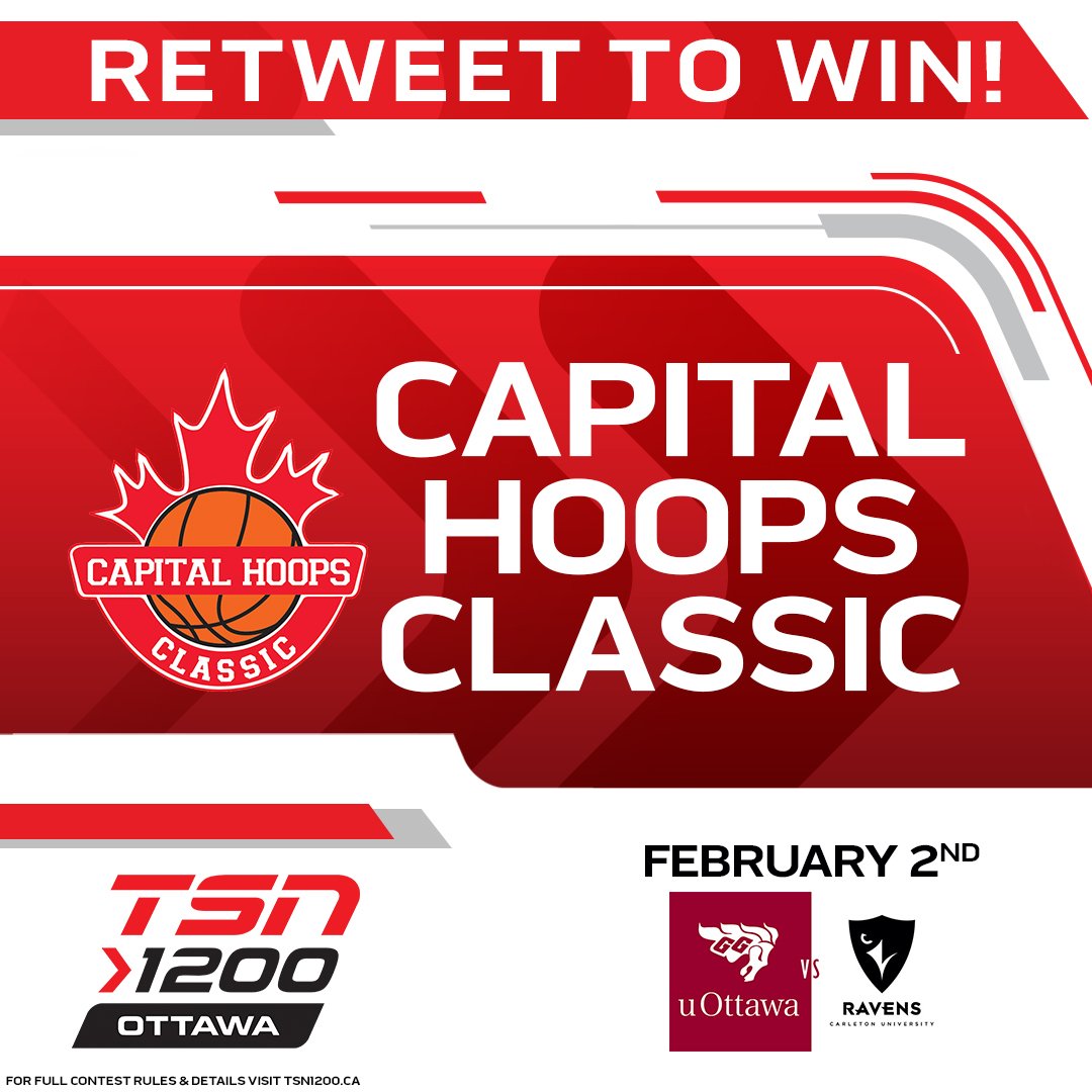 TSN1200's tweet photo. RE-TWEET for your chance to win a pair of tickets to the Capital Hoops Classic on February 2nd! Watch the historic basketball rivalry of the @CURavens and the @uOttawaGeeGees at the @CdnTireCtr https://t.co/GZeRdr8NFB