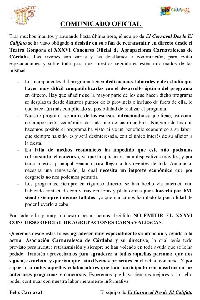 Comunicado Oficial de "El Carnaval Desde el Califato" sobre nuestra no presencia en el próximo COAC de Córdoba. Gracias por el apoyo!