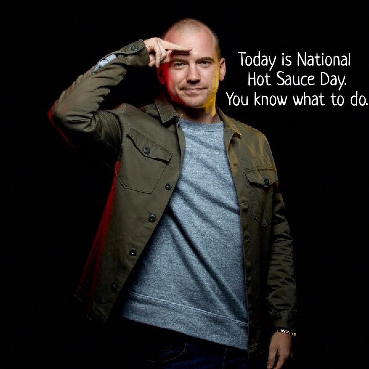 BrettSBaker's tweet photo. To those about to sauce we salute you. 🌶🇺🇸😅 RT @BreadandOlive: It’s National Hot Sauce Day! @firstwefeast @seanseaevans #hotsauceday #lastdab @BrettSBaker https://t.co/H1vrPfmE90
