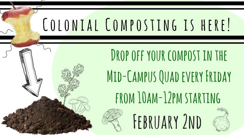 The Colonial Composting Pilot Program is finally here! We are delighted to announce that <a href="/GWtweets/">GW University</a> students, faculty, &amp; staff will be able to participate in this drop-off program starting February 2nd. Learn more about the program and sign up at the link: ow.ly/4O0O30hVwO6