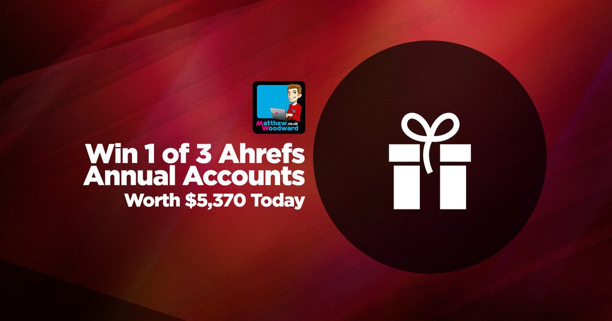 MattWoodwardUK's tweet image. Win 1 of 3 Ahrefs annual accounts worth a total of $5,370.

Claim your entry now @ bit.ly/2Dz91vF

You'll also learn 25 different ways to increase your search engine traffic step by step.

The @Ahrefs #SEO #giveaway closes Friday - #Winners announced on Monday 29th