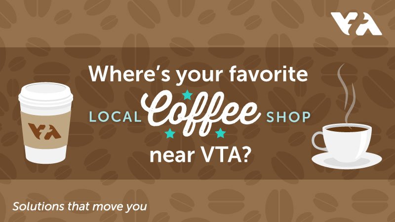 What’s your favorite locally owned coffee shop and the closest VTA bus route or light rail station? Tell us using #VTAcoffee and you could win $25 to spend at your favorite cafe! Details: bit.ly/2DtGLup 

#hellovta #solutionsthatmoveyou #coffee #coffeeshop