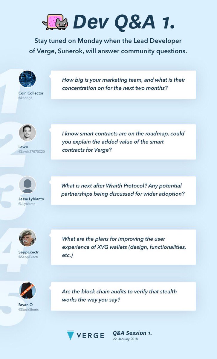 #Vergefam, we will have <a href="/justinvendetta/">sunerok</a> answering the following questions on video. Stay tuned ! $xvg #verge
