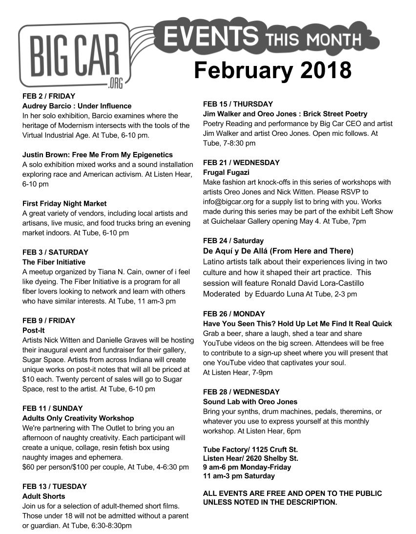 First Friday, Frugal Fugazi, The Fiber Initiative, and a few naughty options for February! Check out our menu of events <a href="/TubeArtspace/">Tube Factory</a>  and <a href="/ListenHearSound/">Listen Hear</a>