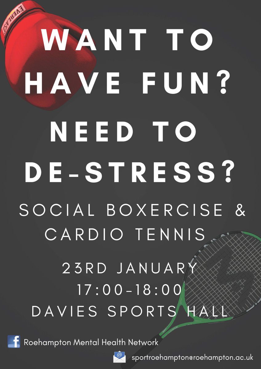 sportroehampton's tweet photo. We are running an event with the @RoehamptonSU Mental Health Network tomorrow to promote the importance of being active! Open to all students and staff - come down and try out the taster sessions! #WhyURActive #Activein18 #WeAreUR https://t.co/hXi8f64jrF