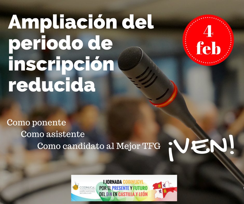 ¡ATENCIÓN! Se amplía el periodo de inscripción reducida hasta el 4 FEB. Ya sea como asistente, como ponente o como candidato al premio al mejor TFG de la #IJornadaCODINUCyL, ve a bit.ly/2DtcUPF e inscríbete. ¡Seguro que no te arrepientes!
Por ti, #PorelDNenCyL, ¡VEN!