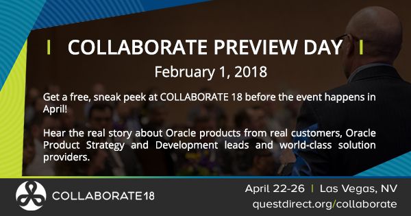 QuestUserGroup's tweet photo. Mark your calendar for COLLABORATE Preview Day, February 1! Tune in to this free preview of education that will be available during COLLABORATE 18! #C18LV https://t.co/a9u3I7aSgN https://t.co/OVaxI2KBw8
