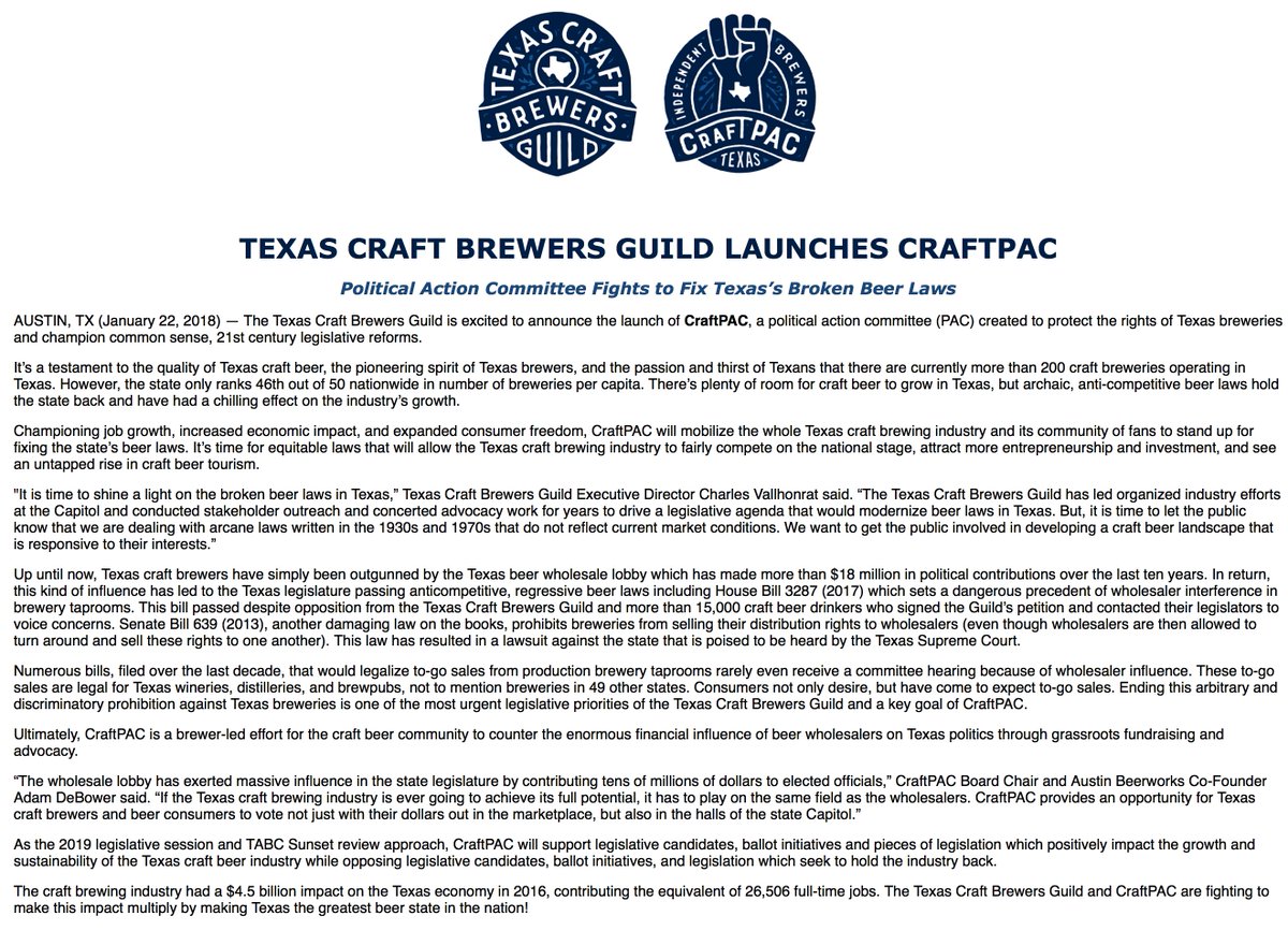 AustinBeerGuide's tweet photo. New PAC, @CraftPAC_TX,  launched by @TXCraftBrewers https://t.co/a2nkuQPujs