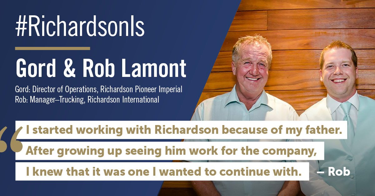 Richardson_INTL's tweet photo. This week's #RichardsonIs Employee spotlight is a family affair! Meet Gord and Rob Lamont, who are father and son working for different Richardson locations in Saskatchewan and Manitoba. #westcdnag #agcareers       https://t.co/NFKCiYrGK1 https://t.co/nek4HMPG5b