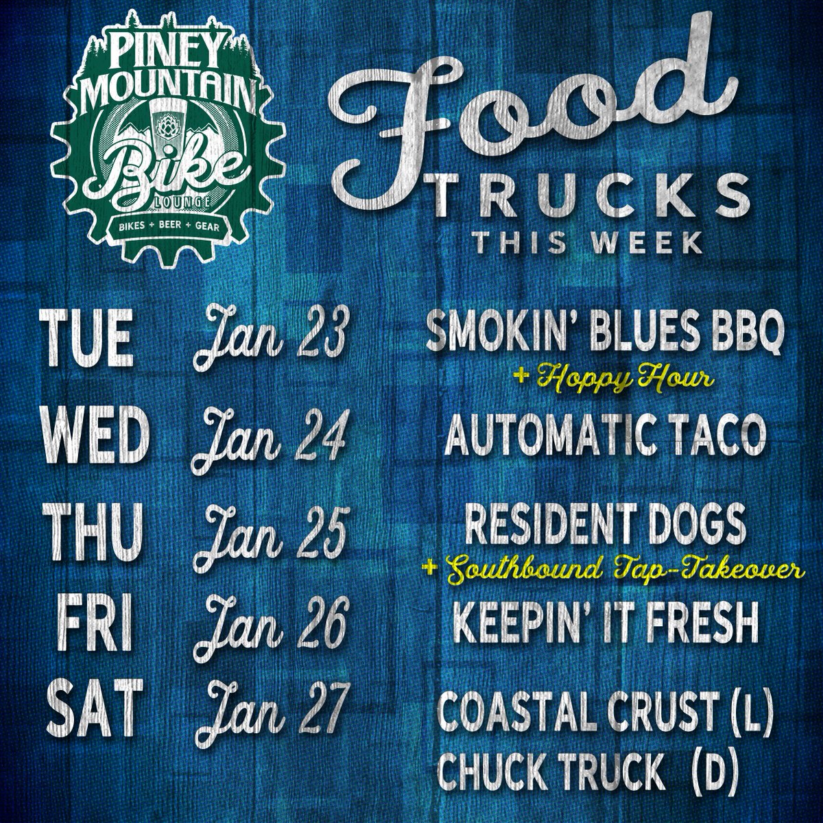 Food Truck schedule for this week. As always, subject to  change at a moments notice. Thursday Tap Takeover with Southbound Brewing <a href="/SouthboundBrews/">Southbound Brewing</a> #taptakeover #yeahthatgreenville #yeahthatbikelounge #greenville360 #gvltoday #gvlbeer #iongreenville #greenvillesc #bikesandbeers
