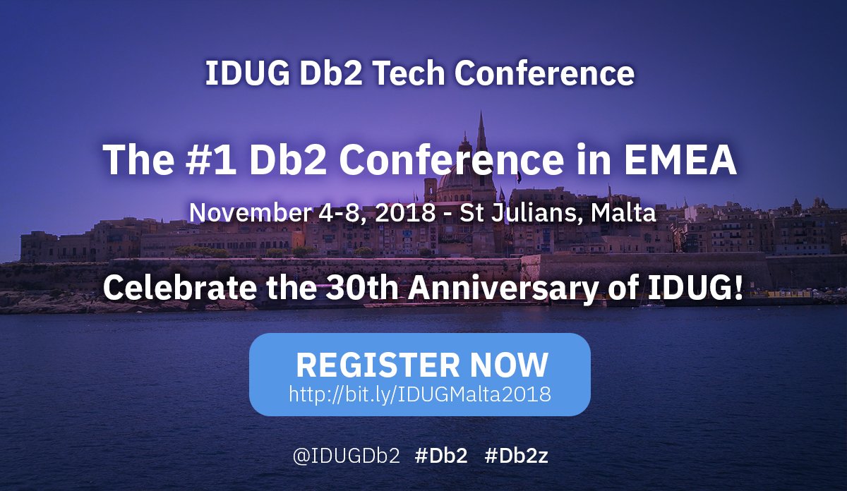 IDUGDb2's tweet photo. Registration is OPEN for #IDUGDb2 #Db2 #Tech  EMEA Conference  2018 in #Malta ! Register early and save 30% with LOYALTYEMEA18 Discount Code until Thursday, 1 March 2018 https://t.co/chtRaaUovJ #bigdata #analytics #datascience #databases  #data #Db2z  #mobile #devops #developers https://t.co/5JaJ3IWFCB