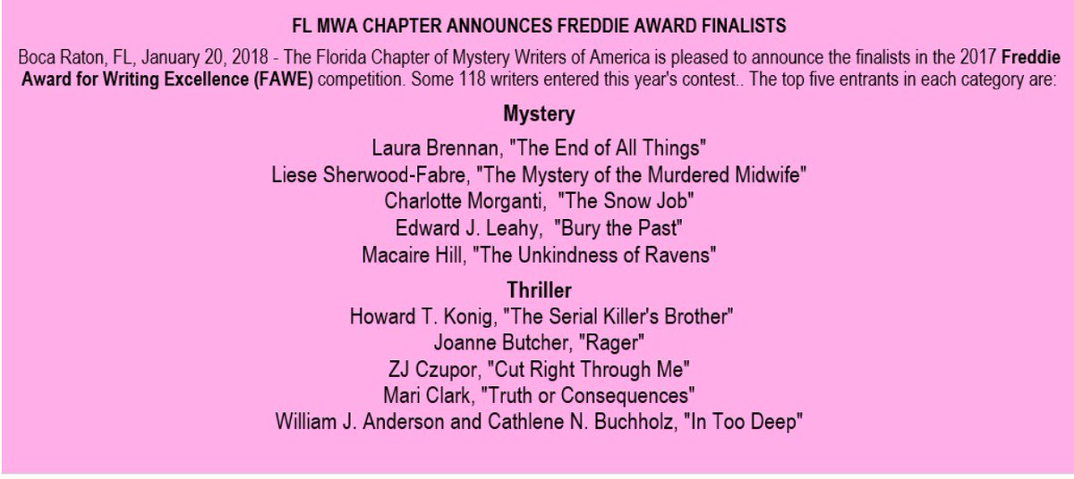 FL MWA CHAPTER ANNOUNCES #FREDDIEAWARD FINALISTS The FAWE committee and judges congratulate our finalists. sleuthfest.com.