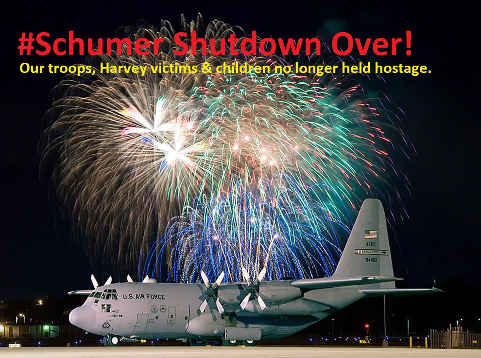 RepKevinBrady's tweet photo. Relieved Senate DEMS reversed course. Joining GOP to end #SchumerShutdown. Our troops, Harvey victims &amp; kids no longer held hostage. Shutdowns never good for the American people. Lets work together.  #ReasonPrevails https://t.co/PRv3FNv2K2