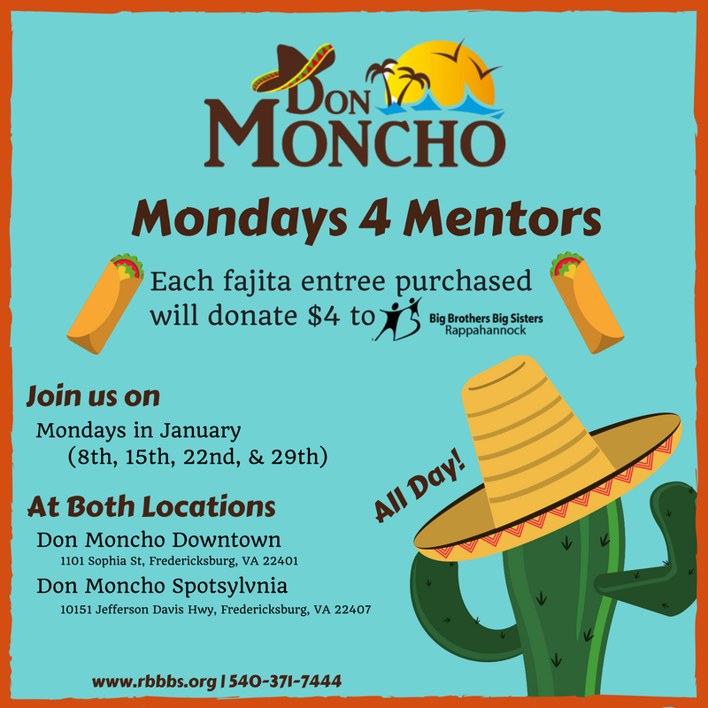 bbbsfred's tweet photo. #Mondays4Mentors Don't forget to head over to Don Moncho to celebrate #NationalMentoringMonth by ordering a delicious fajita meal that will benefit both your taste buds and Rappahannock Big Brothers Big Sisters! 🌯😋 https://t.co/f0qxI7IaW2