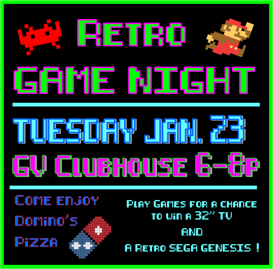GVatUIndy's tweet photo. Come to our GV Retro Game Night Tues Jan 23rd  from 6-8 in the clubhouse! 🎮
•
Enjoy FREE Dominos pizza 🍕, retro video games, and a chance to win a 35" TV and retro Sega Genesis!! 🕹
•
Bring your roomates and we will see you tomorrow night!! 🍕🎮🕹
•
#ExperienceGV https://t.co/nVlZo3KfVJ