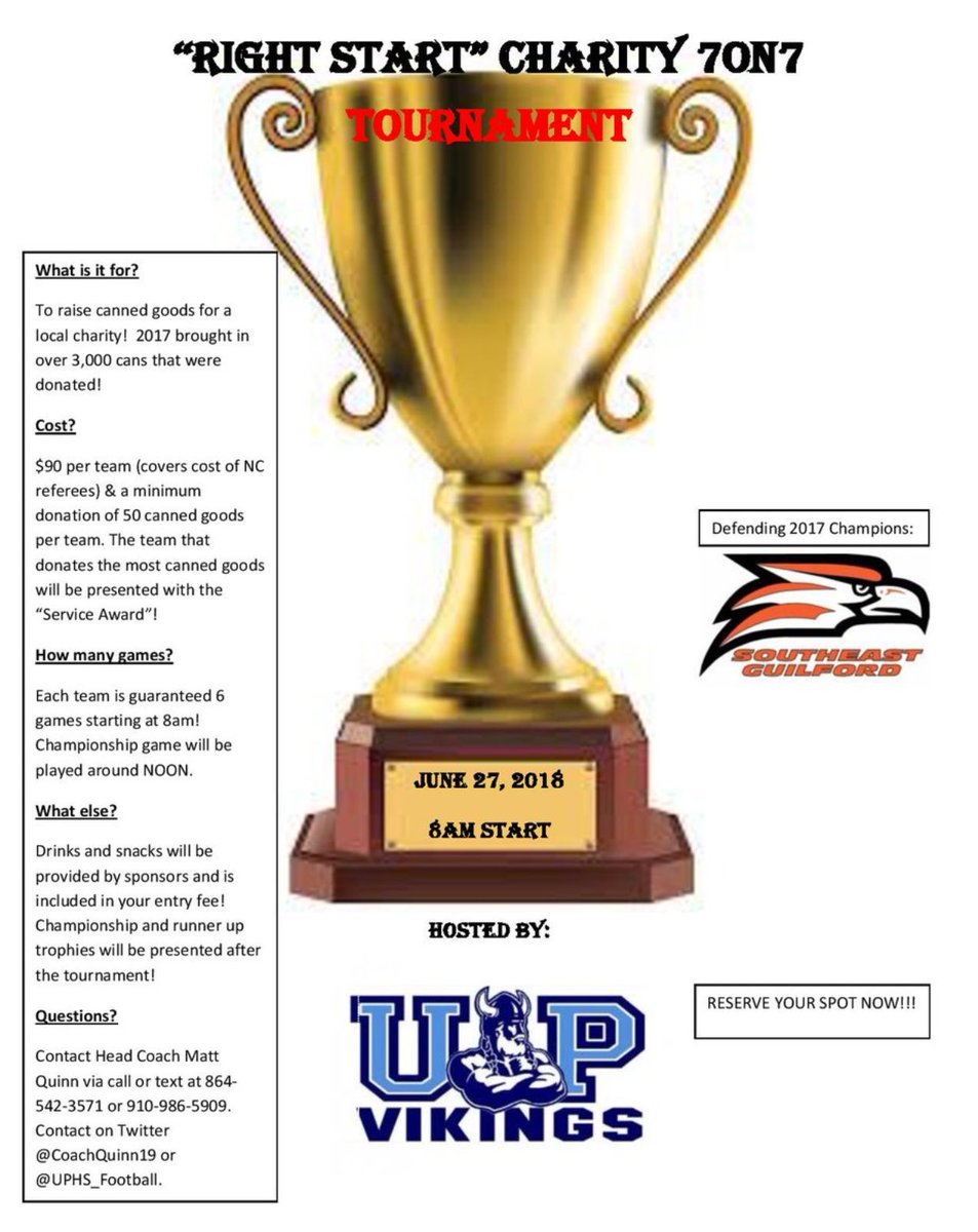 UPHS_Football's tweet photo. Plans have started for the Charity 7on7 tournament. Looking for 10-12 teams! Contact us or @CoachQuinn19 ASAP to be a part of this great cause! https://t.co/T2pREkzmiY
