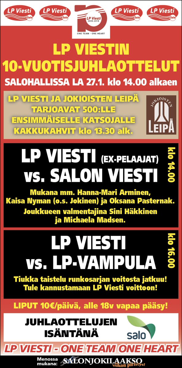 Kun kentällä ovat mm. Hanna-Mari Arminen, <a href="/KassuJokinen/">Kaisa Jokinen</a> ja Oksana Pasternak ja valmentajina <a href="/SiniHkkinen/">Sini Häkkinen</a> ja Michaela <a href="/misuangel/">Michaela Madsen</a> Madsen, voiko sellaisen tapahtuman jättää väliin? Salohalli la 27.1. klo 14.00 ja näet heidät jälleen!