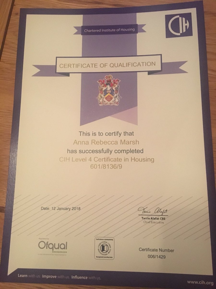 annamarsh95's tweet photo. So pleased to have received my CIH Level 4 Certificate today! @GEM_Housing #ukhousing https://t.co/JDhb60RMEq