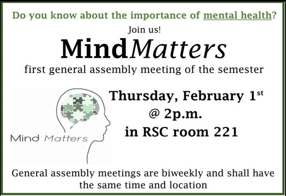 active_mindsWSU's tweet image. Make this semester great by joining Mind Matters meetings this semester!