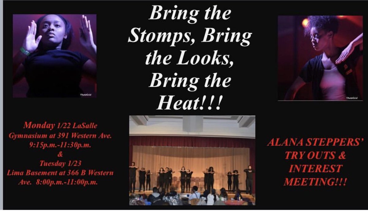 StRoseSA's tweet image. ALANA Steppers are having their try outs and interest meeting TONIGHT in the LaSalle Gymnasium from 9:15-11pm and TOMORROW in the Lima Basement from 8-11pm! So come out and "bring the stomps, the looks and the heat!"