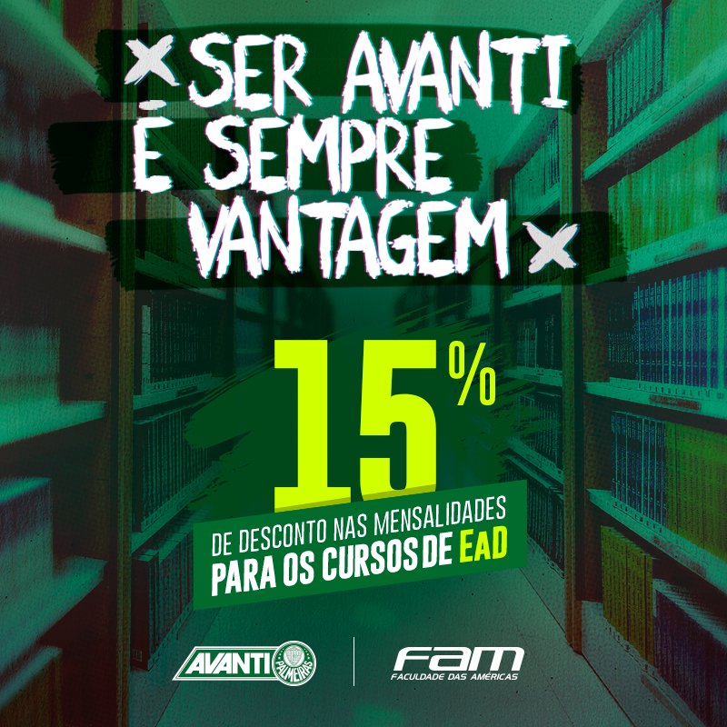 Sócio @palmeirasavanti tem 15% de desconto nos cursos de ensino à distância da <a href="/vemprafam/">vemprafam</a>. Inscreva-se no vestibular ➤ bit.ly/2zVkykz

#vemprafam