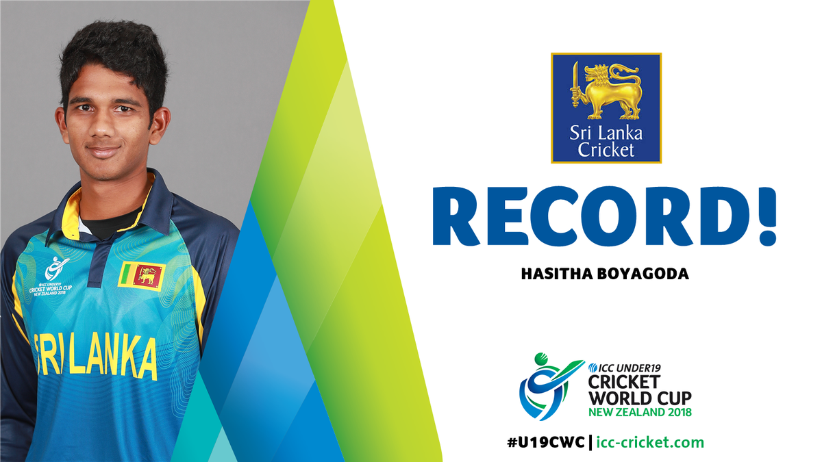 cricketworldcup's tweet photo. What an innings! Hasitha Boyagoda has passed 180 and has broken the record set by Jakob Bhula just last week for the highest score in U19 ODIs! Take a bow! 🙌 #SLvKEN #U19CWC https://t.co/0zrv2CplJP